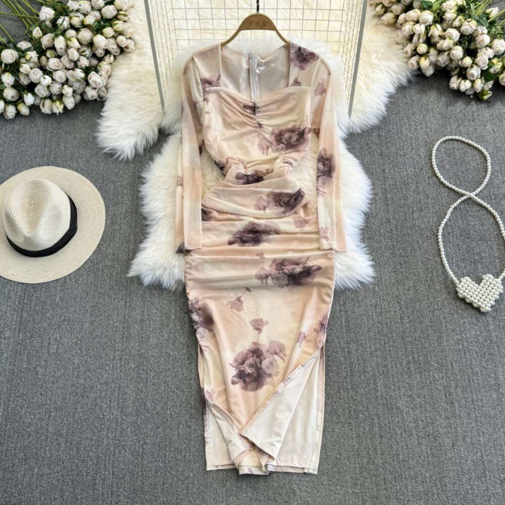 Spring and Autumn Womens Charm Celebrity Style Long sleeved Square Neck Closed Waist Slim Look Mid length Split Wrap Hip Mesh Dress