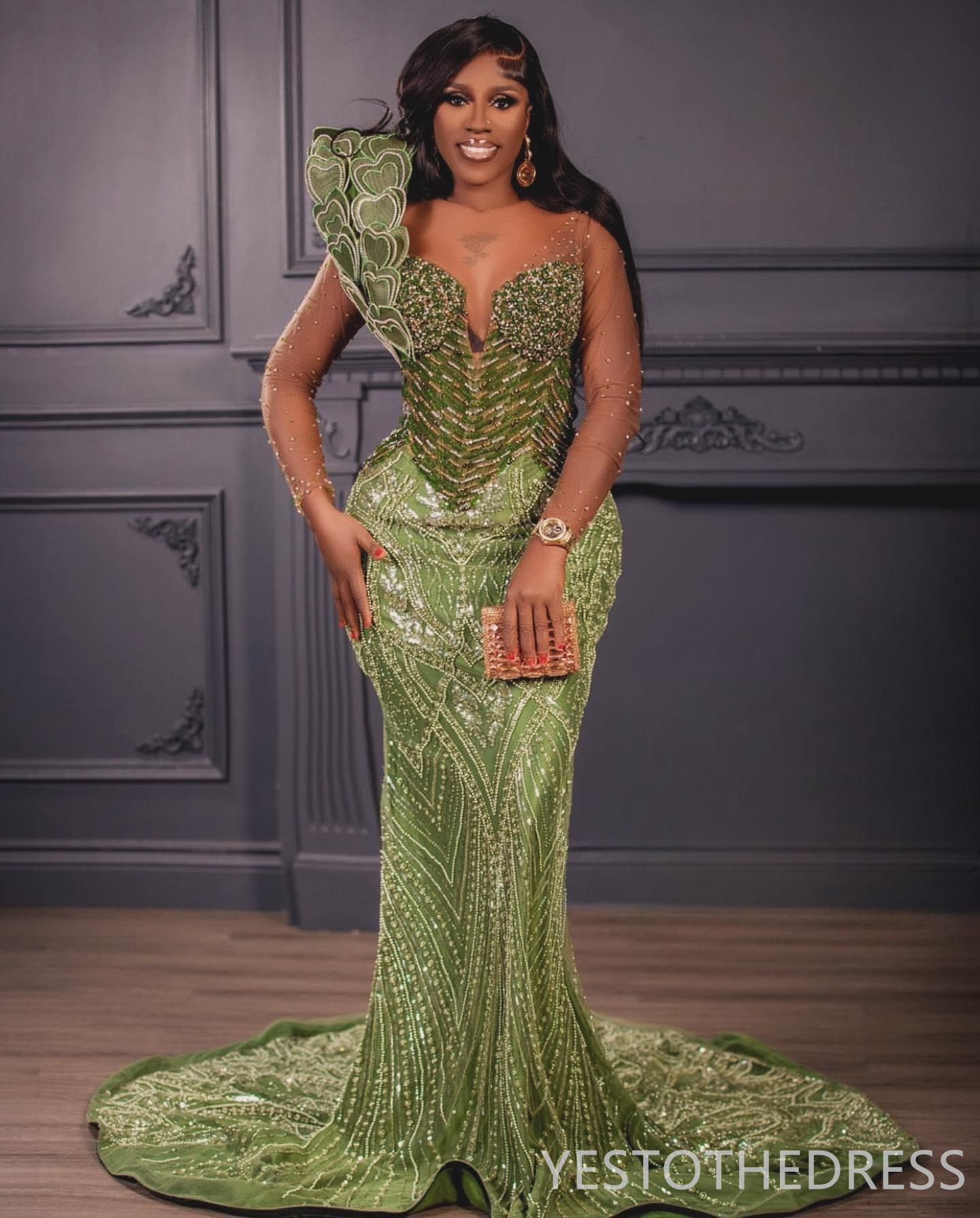 2024 Aso Ebi Prom Dresses Green Mermaid Promdress Illusion Evening Formal Gown Sheer Neck Long Sleeves Beaded Lace Birthday Second Reception Gowns Gal