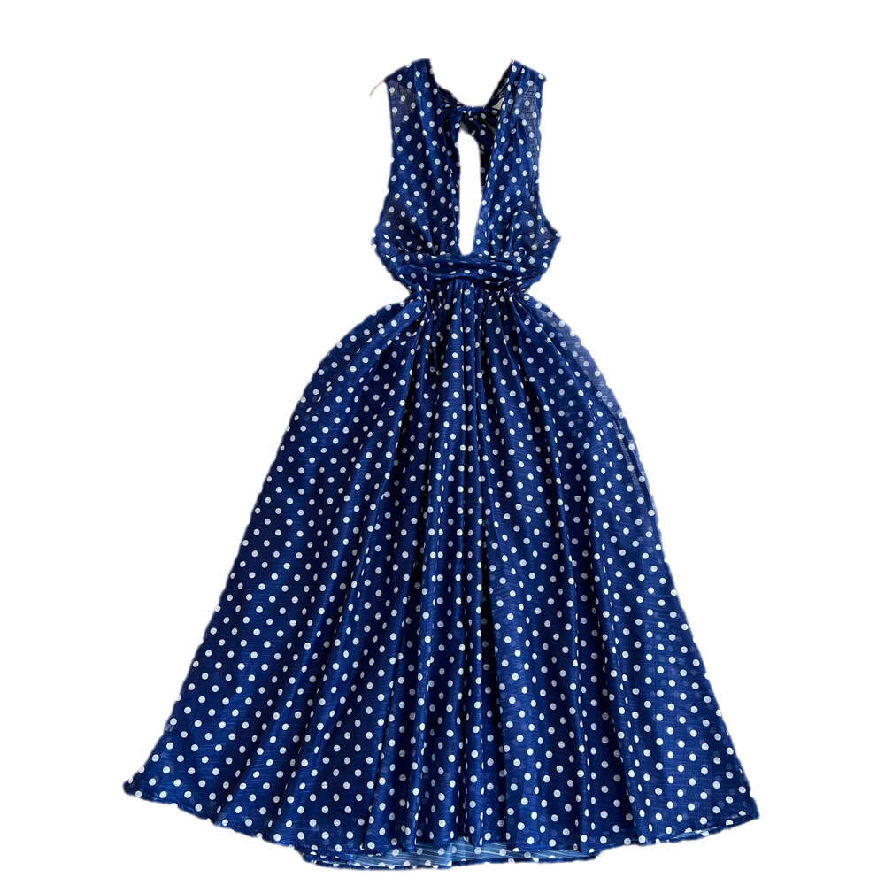 High end and socialite temperament hanging neck backless waist cinched slimming A-line polka dot chiffon dress seaside vacation long dress