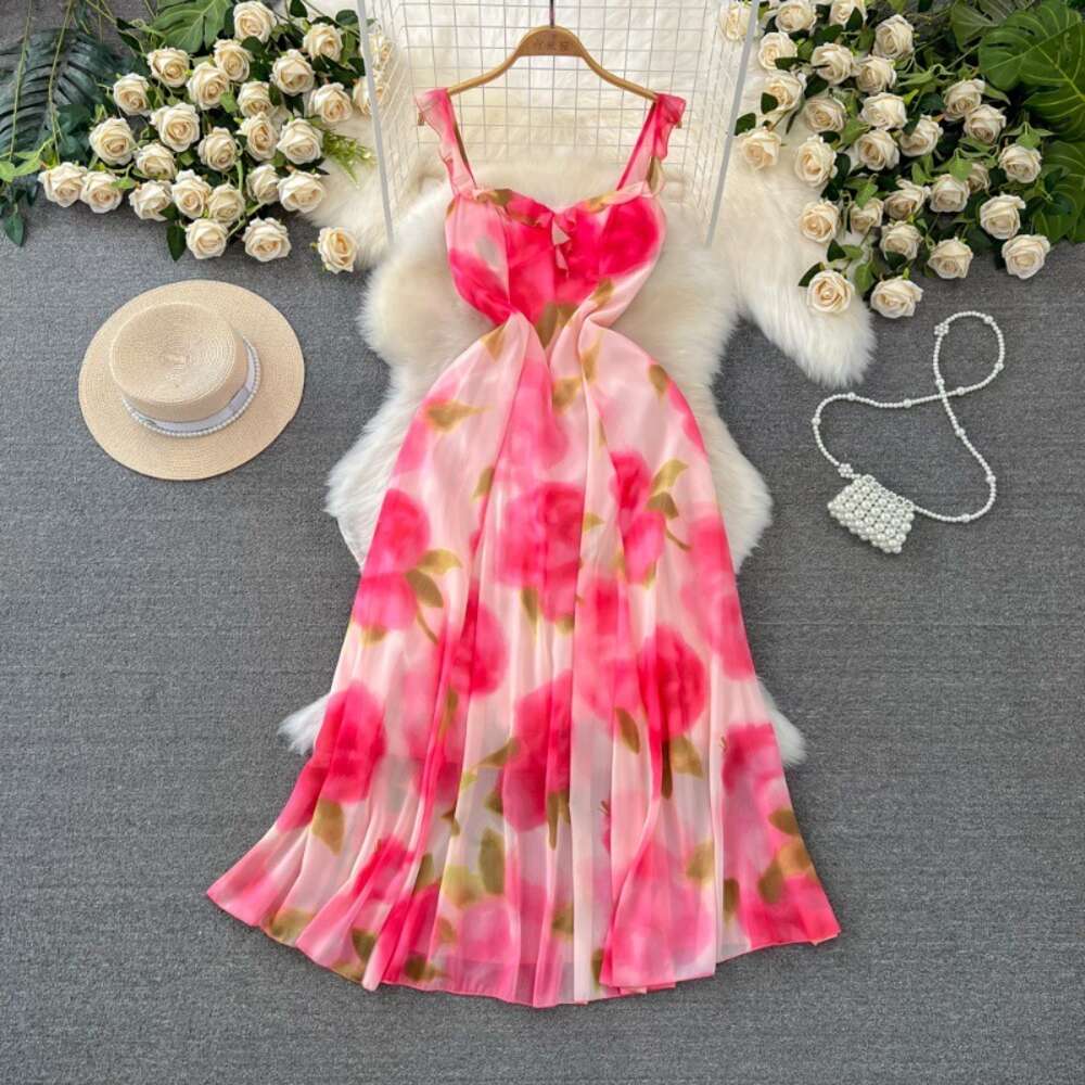 Gentle and socialite temperament slim waist and split A-line printed chiffon suspender dress seaside vacation long dress
