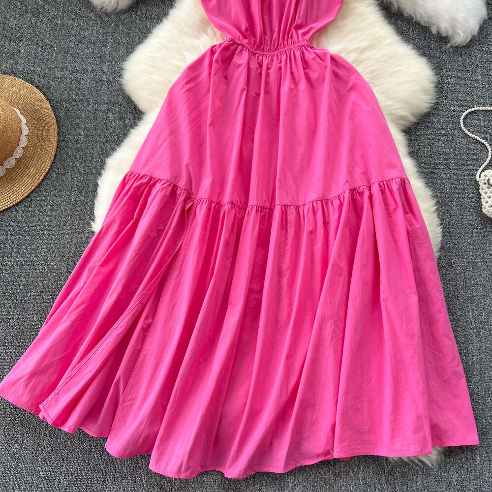 Design Sense Hanging Neck Strap Dress Womens Mind Machine Hollow Open Back Strap Slim Fit Mid length Ruffle Edge Fake Skirt