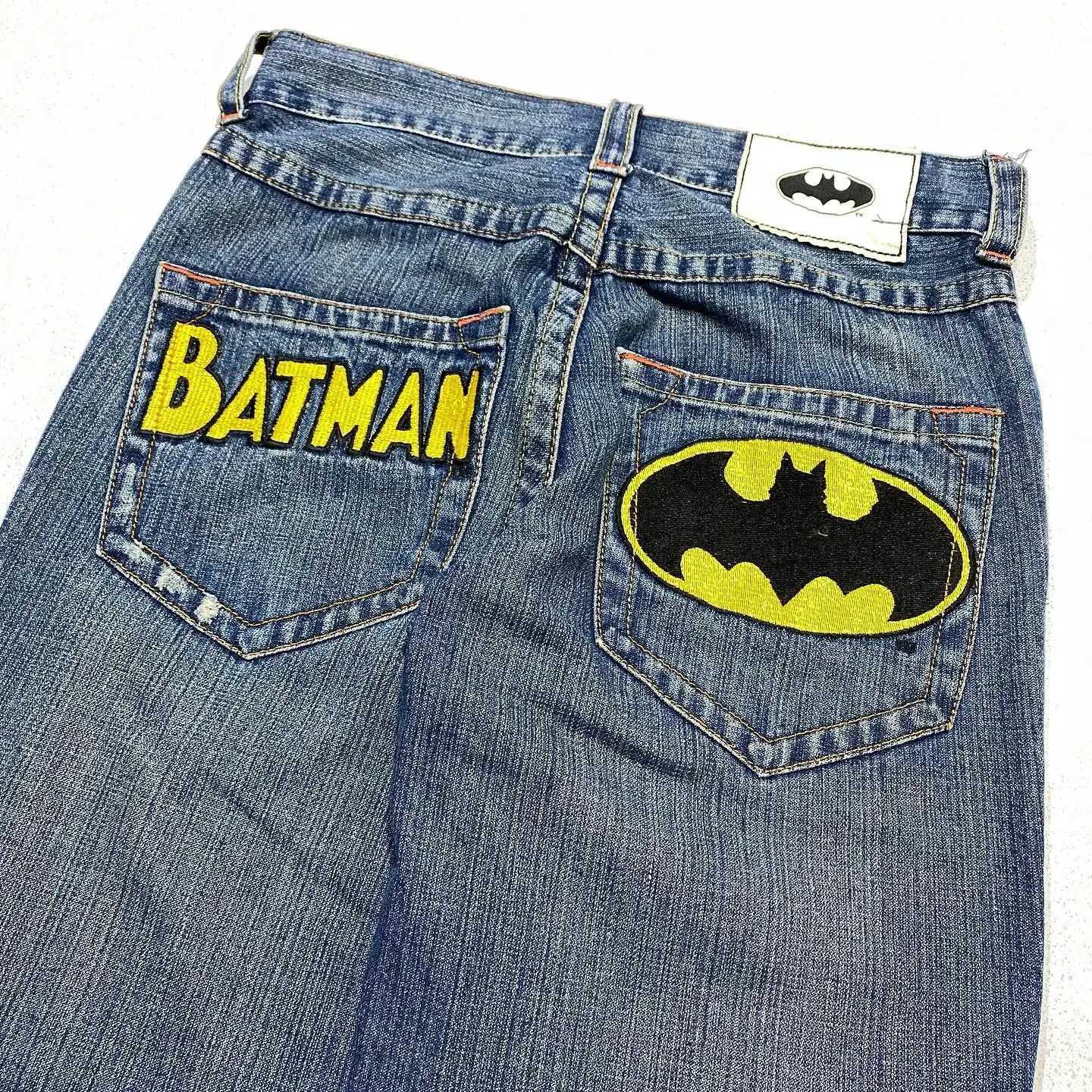 Men's Jeans Street Jeans Y2K Hip Hop Bat Pattern Retro Blue Pocket Jeans Mens New Harajuku Gothic High Waist Wide Leg Trousers J240328