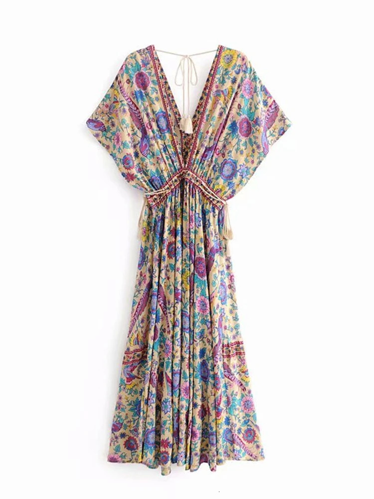 Vintage Chic Women Peacock Floral Print Bat Sleeve Beach Bohemian Maxi Dresses Robe Ladies V-neck Tassel Summer Boho Dress 240529