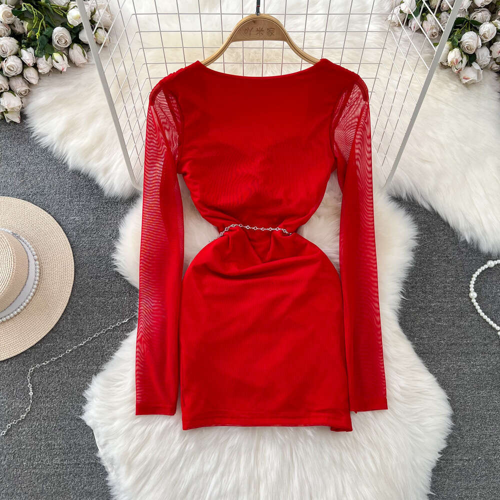 Purely Spicy Girl Sexy Celebrity Temperament Long sleeved Square Neck Waist Wrapped Small Short Fold Mesh Wrap Hip Dress