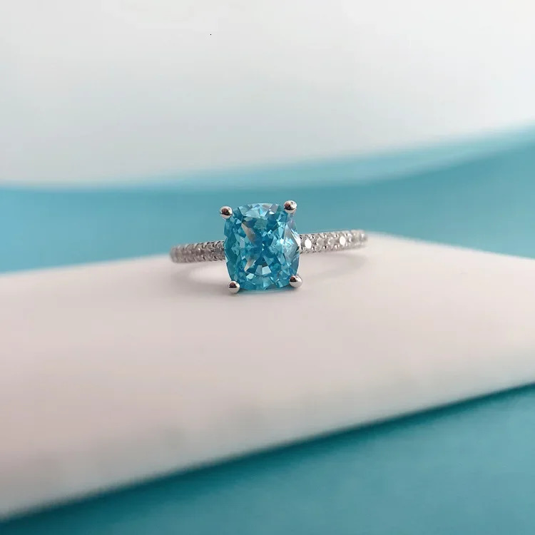 Solid 14K White Gold AU585 Platinum PT950 Simple four claw colorful rectangular aquamarine ring hand jewelry 240601
