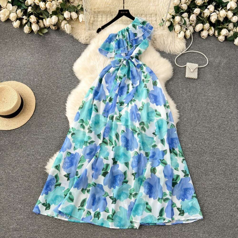High end vacation dress for women with sexy slanted collar off shoulder ruffled edge slim fit long printed chiffon skirt