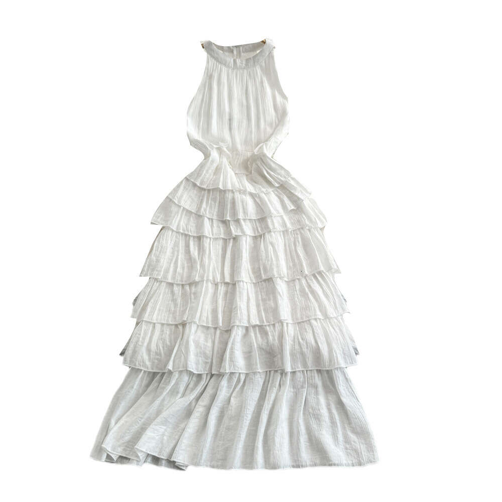 Fashionable and high-end socialite temperament hanging neck off shoulder waist slimming off medium length A-line ruffled edge cake dress
