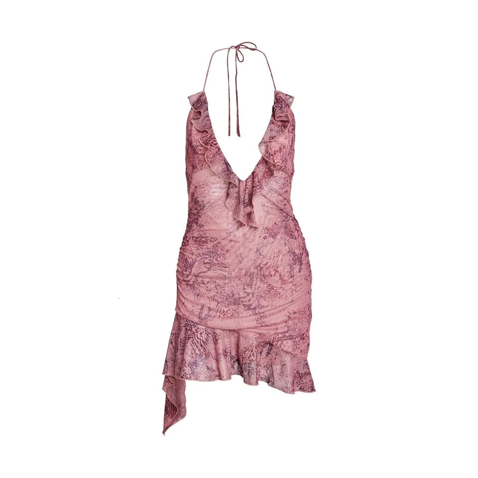IAMGIA sexy V-neck irregular backless pleated ruffled lace and halter dress 240529