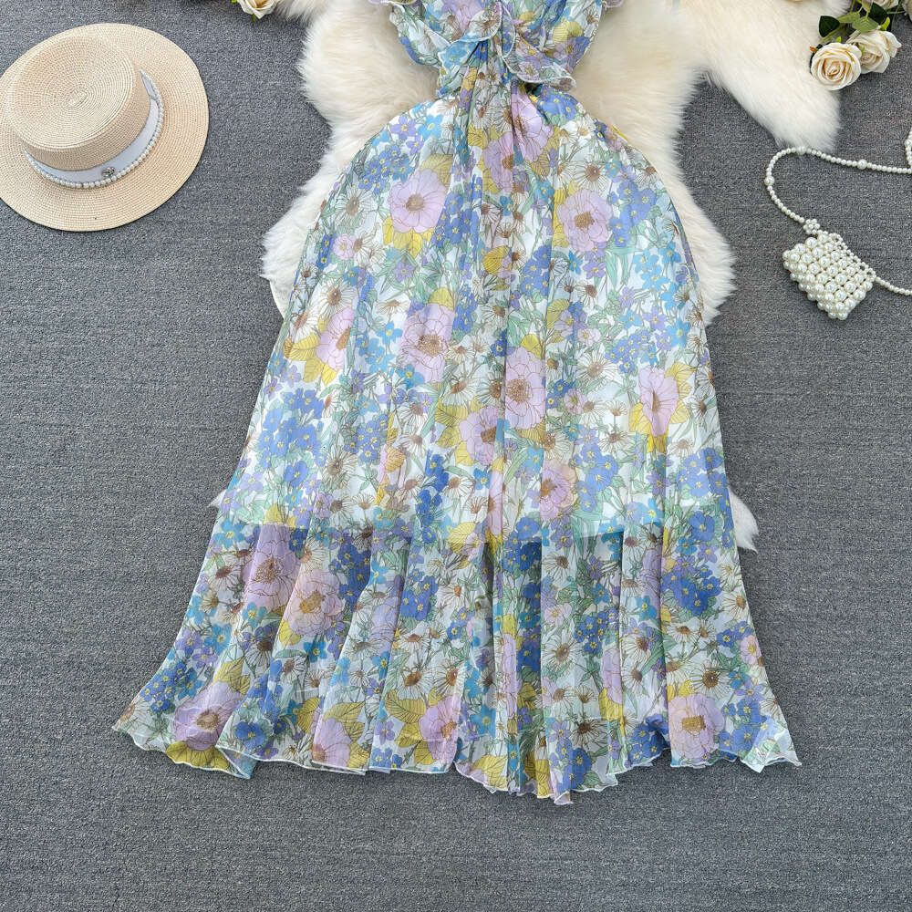 Gentle and socialite temperament V-neck waist cinched slimming A-line large hem printed chiffon dress seaside vacation long dress