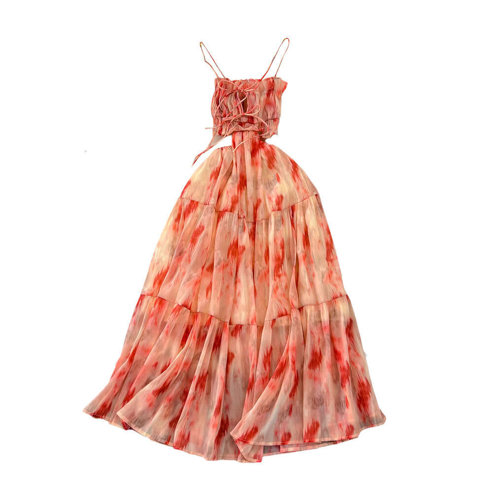 Gentle style super fairy and socialite temperament strapless waist slimming A-line printed suspender dress seaside vacation long dress