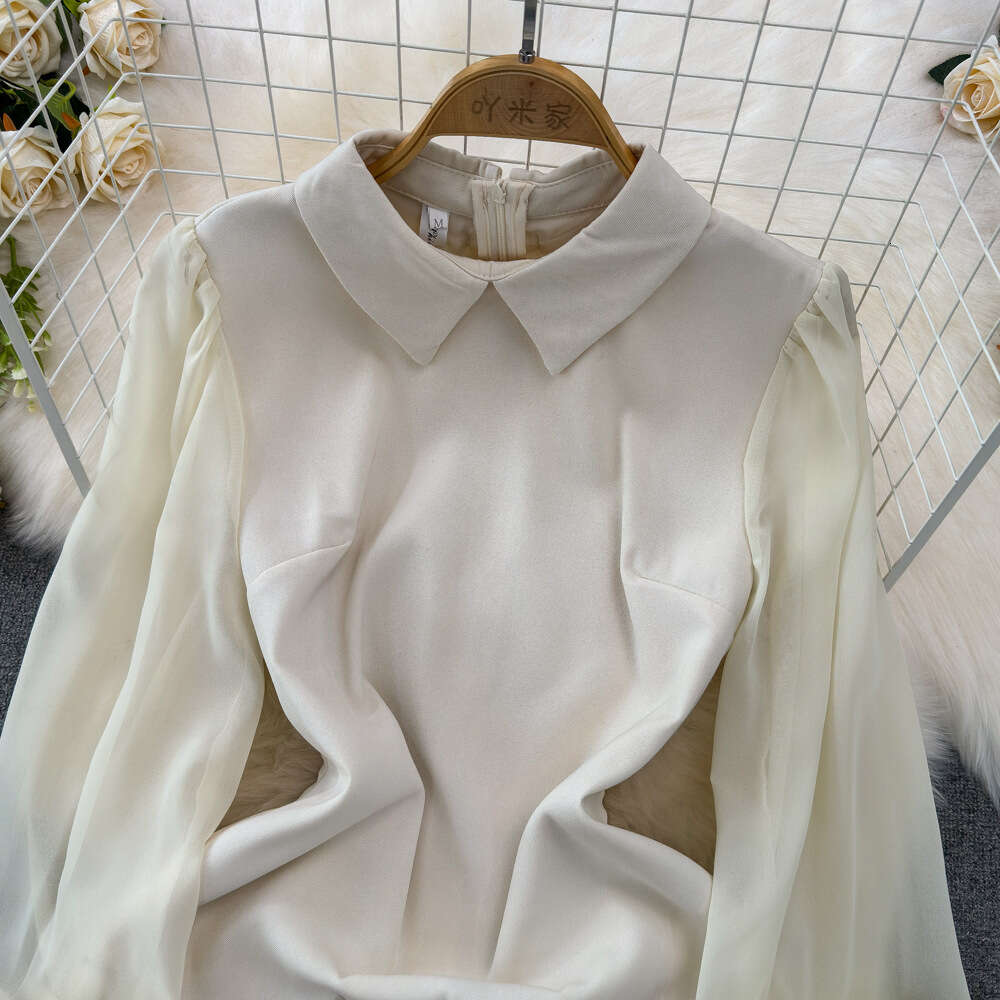 Fashionable and high-end socialite temperament mesh splicing long sleeved lapel waist cinching slimming A-line embroidered dress