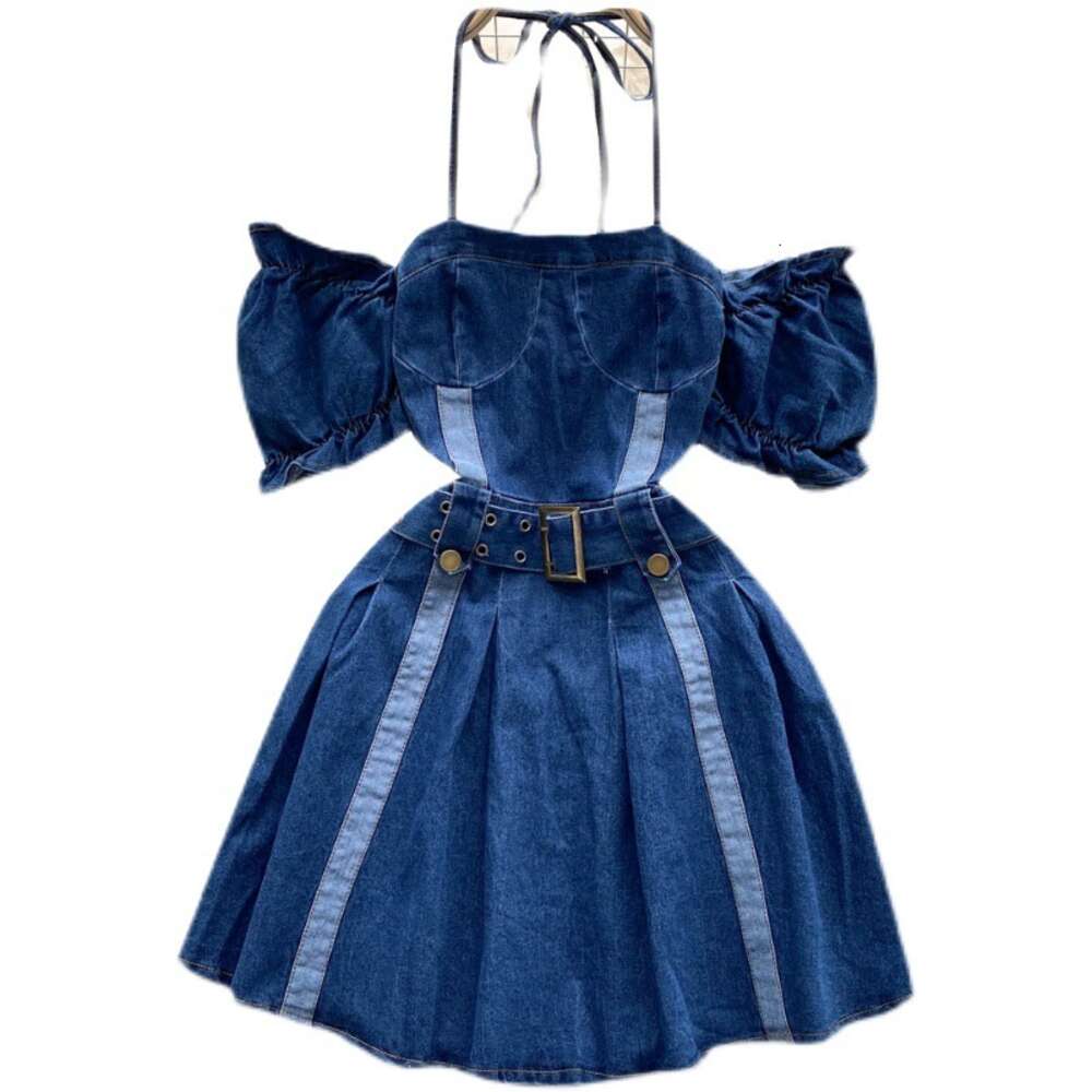 Special Offer - Off the Shoulder Hanging Neck Bubble Sleeves Denim Dress for Womens Summer New Spicy Girl Waist Collection A-line Hundred Pleated Shor