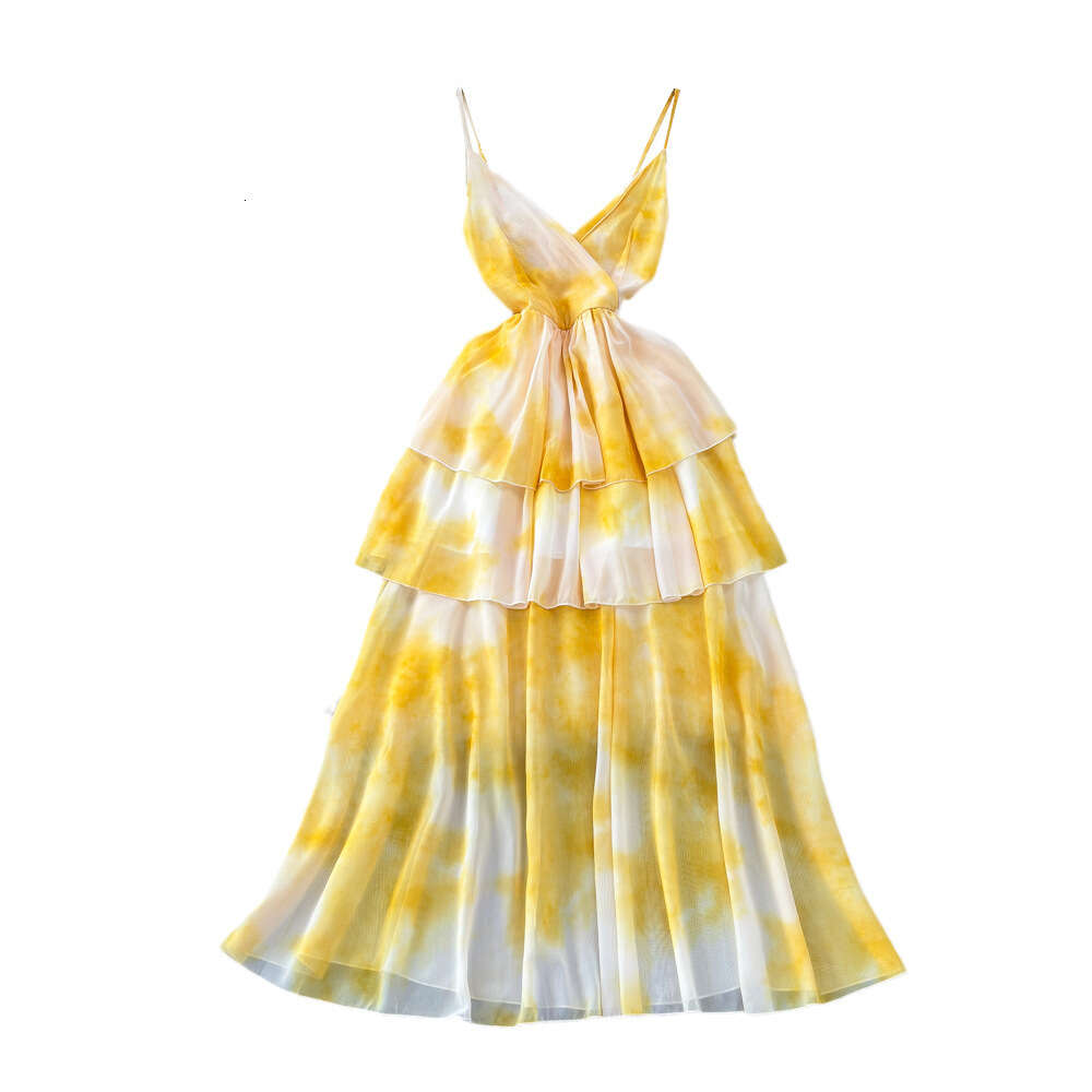 Celebrity temperament V-neck waist cinching slimming medium length A-line ruffled edge printed suspender dress seaside vacation beach