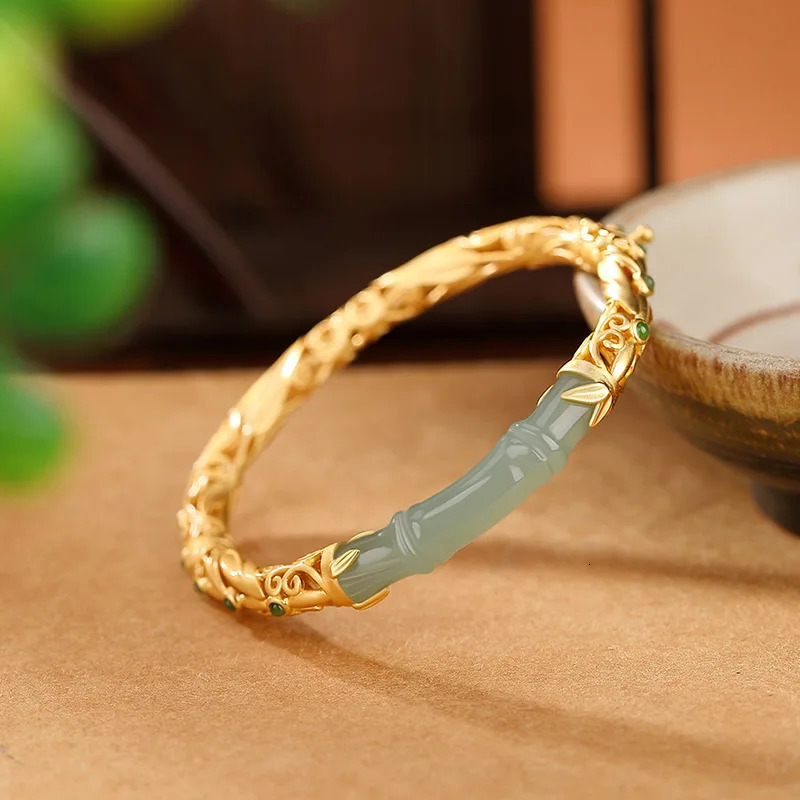 Fashion Goldplated Hetian Jade Compound Bracelet Beaded Beads Bamboo Bangle Bracelet for Women Girls Jewelry Gifts 240601