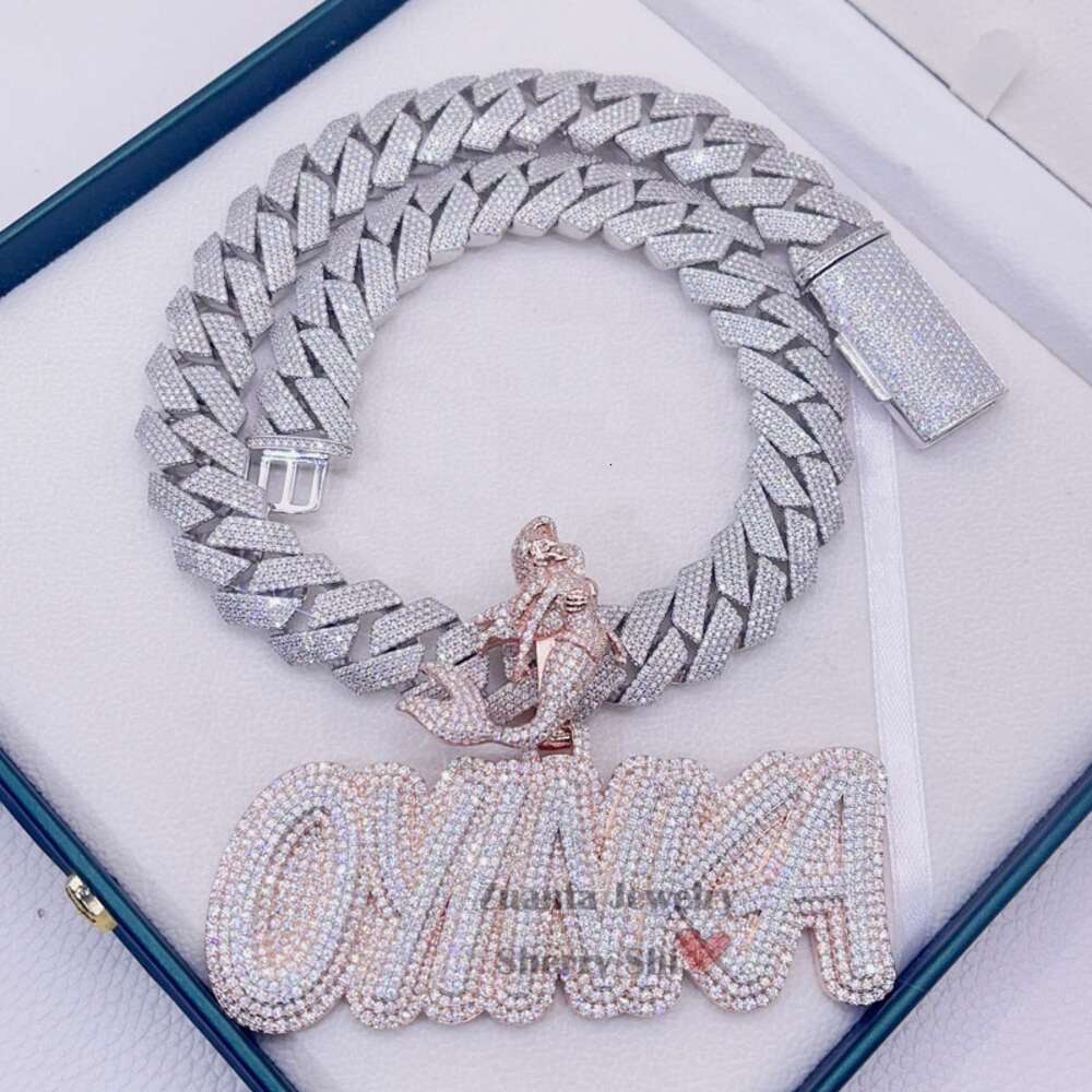 Rose Gold Plated VVS Moissanite Diamond Custom Iced Out Hip Hop Cuban Chain Name Letter Pendant Necklace with Mermaid Bail