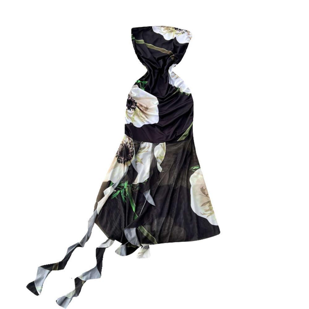 High end dress for women with design sense irregular print slim fit mid length sexy strapless dress