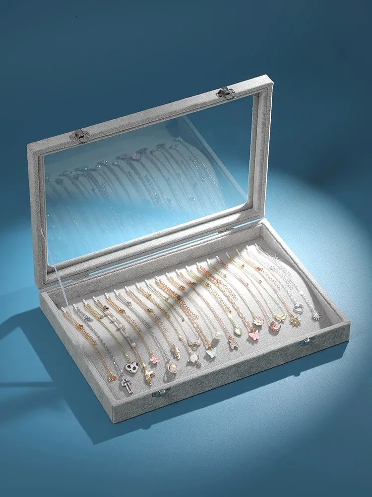 Ice Velvet 20 Hooks Jewelry Showcase for Necklaces Jewelry Box Stackable Glass Top Lockable 240528