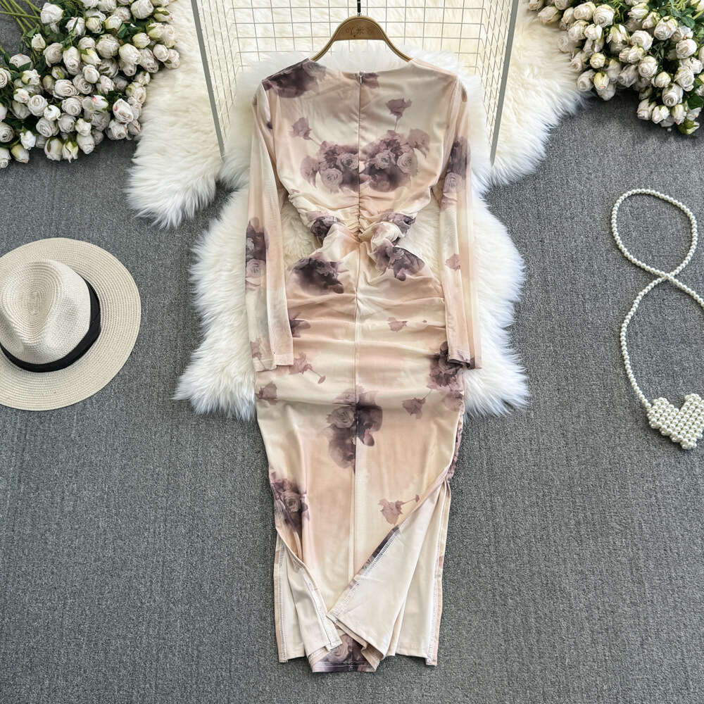 Spring and Autumn Womens Charm Celebrity Style Long sleeved Square Neck Closed Waist Slim Look Mid length Split Wrap Hip Mesh Dress
