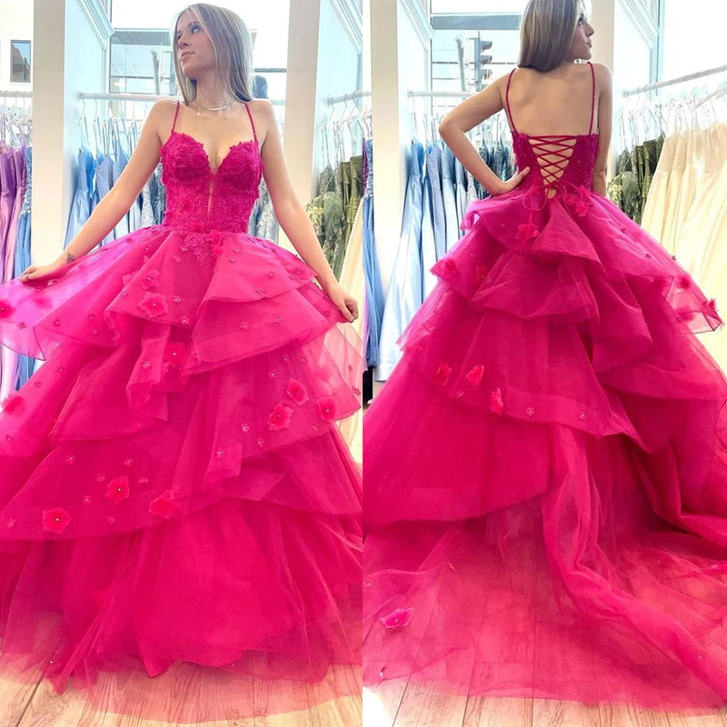 Spaghetti Fuchsia Prom Dresses Ruffle Tiered 3D Floral Appliques Long Tulle Evening Gowns Court Train Open Back Lace-up Sexy Birthday Party Special Oc