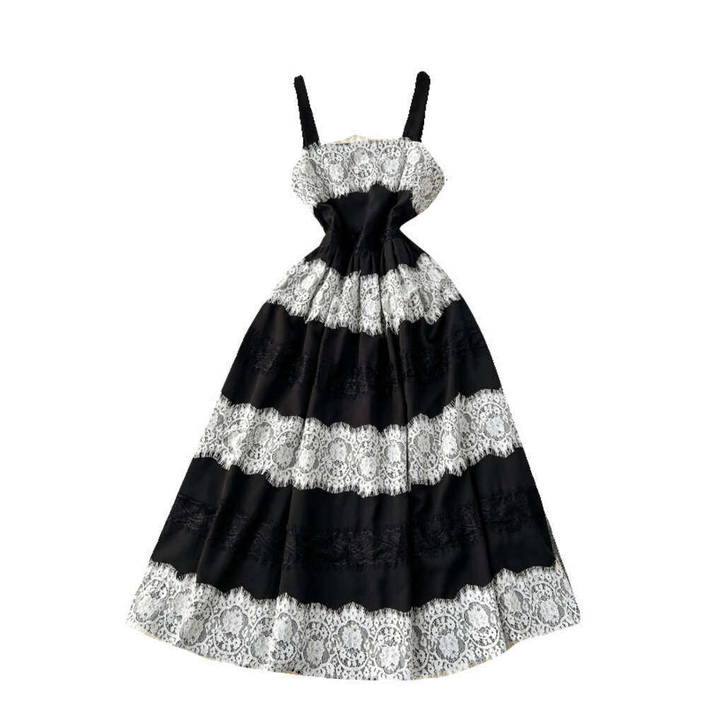 Design sense lace lace contrasting color patchwork sexy strapless dress womens French small dress holiday dress