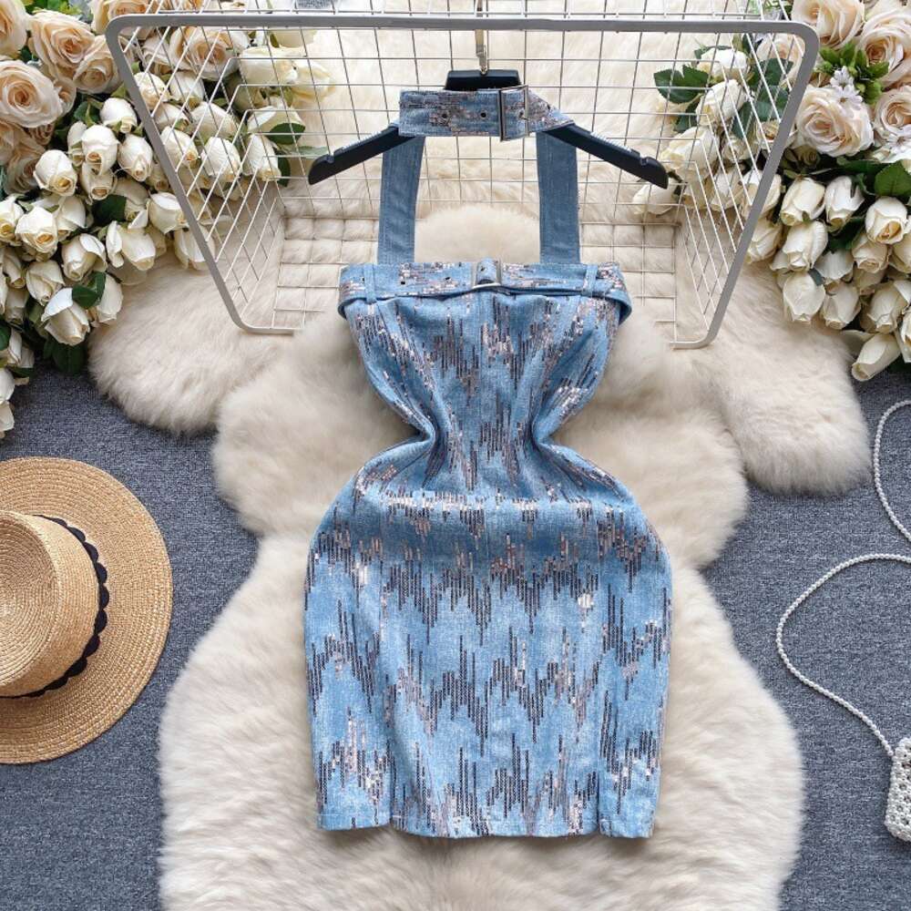 Pure desire dress for women light luxury niche sequin embroidery slim fit short design hanging neck strapless and gold style dress