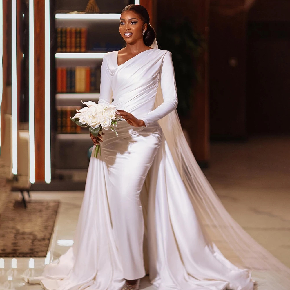 Elegant Satin Mermaid Wedding Dresses Irregularity Neck Long Sleeve Wedding Gown Pleated Satin with Detachable Train Bridal Dress