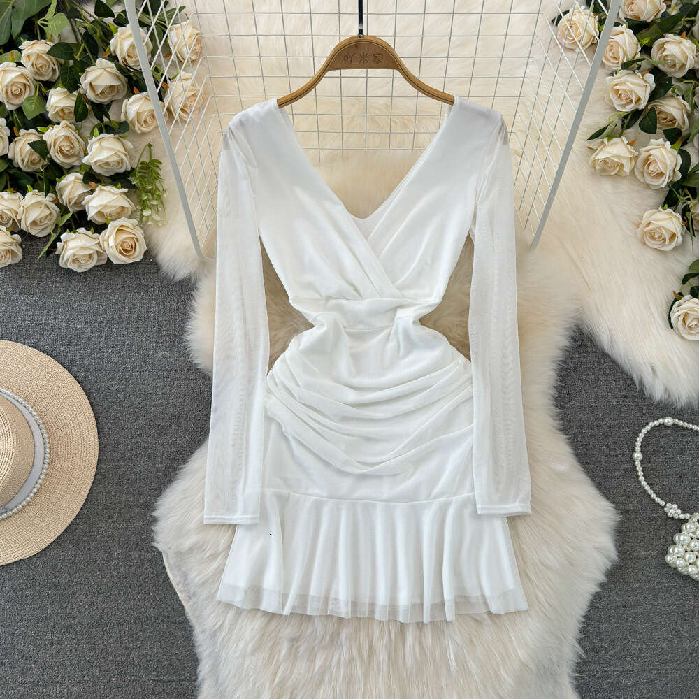 Fashionable Spicy Girl Sexy V-neck Low cut Open Back Waist Slim and Folded A-line Wrapped Hip Ruffle Edge Mesh Dress for Women