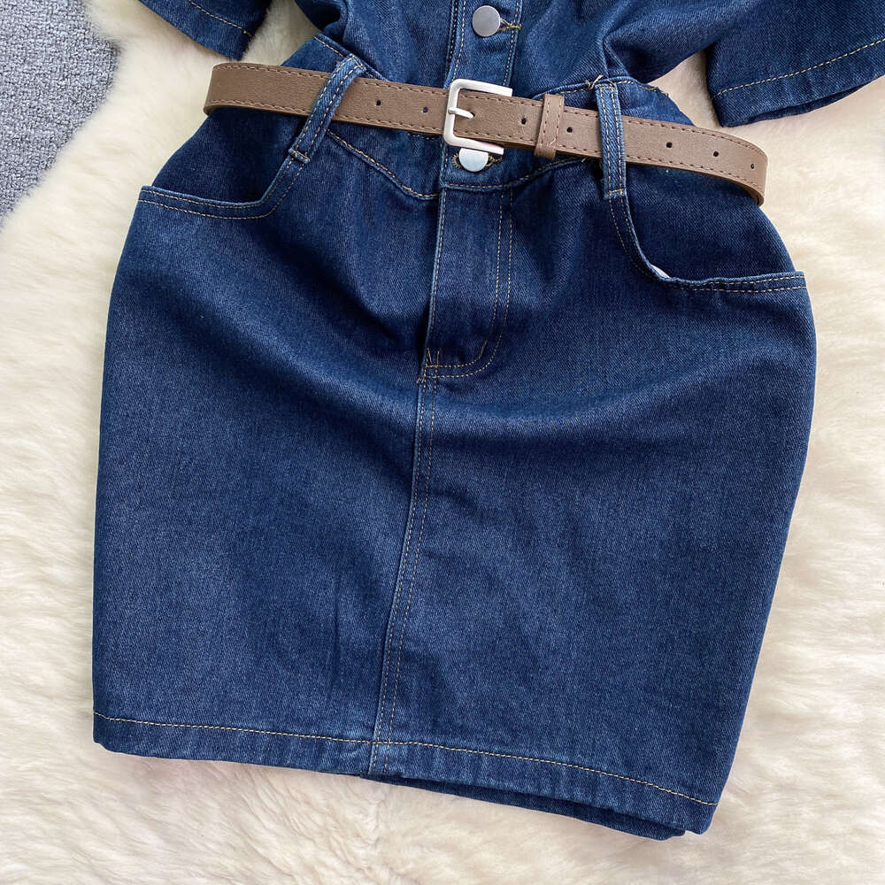 Chic dark blue denim skirt elegant buckle slim fit short style buttocks wrapped skirt elegant dress for women