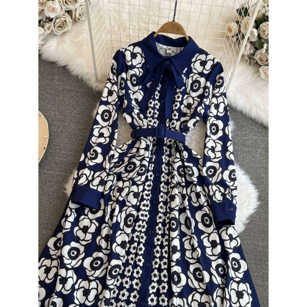 Fashionable luxury and socialite temperament long sleeved lapel waistband slimming effect single breasted A-line positioning printed large hem dress