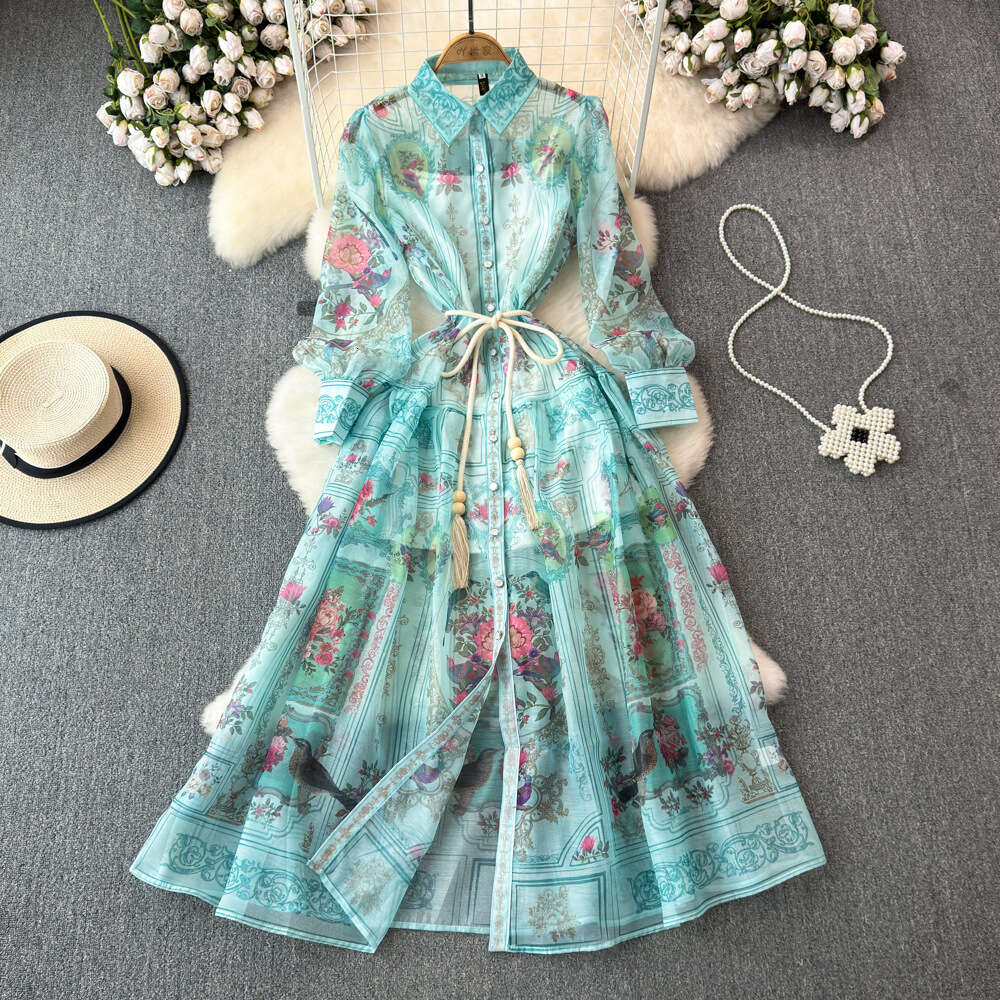Spring and Autumn Palace Style Lantern Long sleeved Flip Collar Waist Slimming Single breasted A-line Printed Shirt Dress