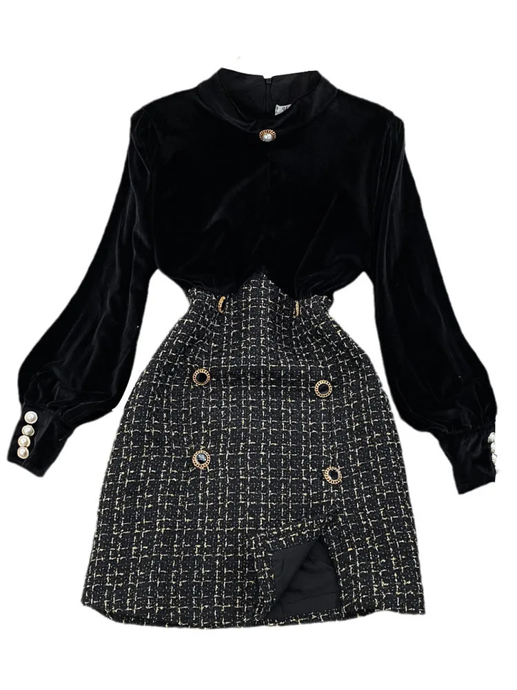 EWQ M-4XL Multi Size Womens Stand Pleuche Tweed Patchwork Contrast Color High Waist Dress Autumn Dresses 27SN3921 240529