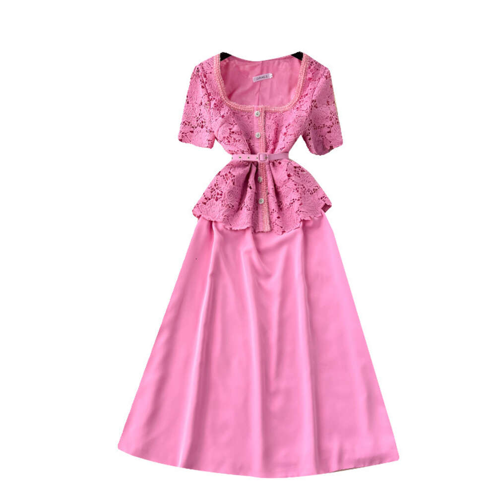 French court style dress for women with a fake design. Two pieces of lace short sleeved high-end patchwork mid length dress for women