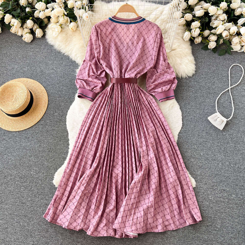 2022 Autumn New Light Mature Style Fashion Print V-Neck Panel Pleated Contrast Color Dress Womens Big Swing Long Dress