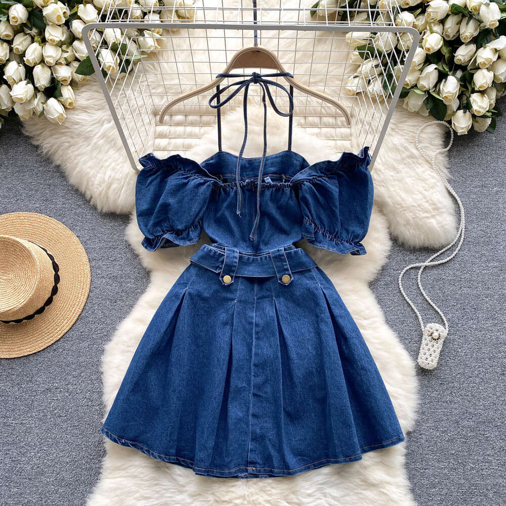 Special Offer - Off the Shoulder Hanging Neck Bubble Sleeves Denim Dress for Womens Summer New Spicy Girl Waist Collection A-line Hundred Pleated Shor