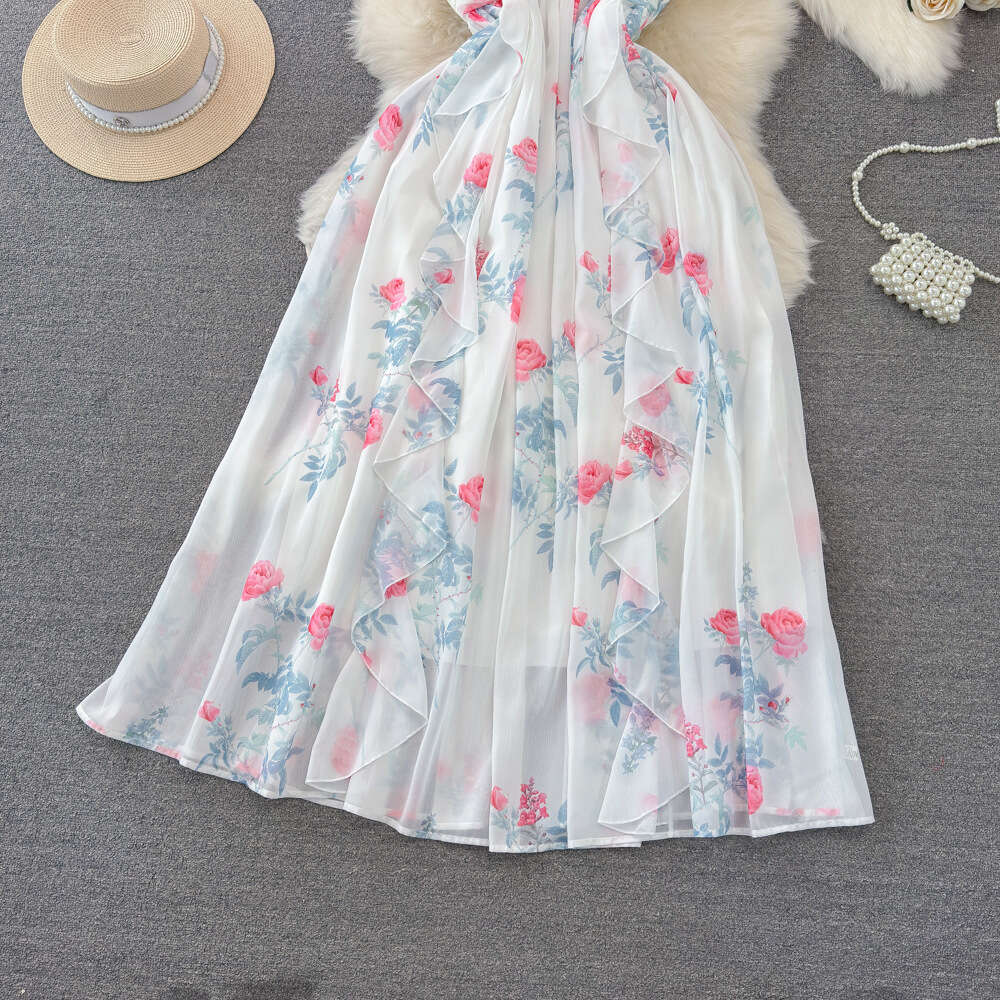 Luxury and socialite temperament strapless and waist cinched A-line ruffled edge printed chiffon dress seaside vacation long dress
