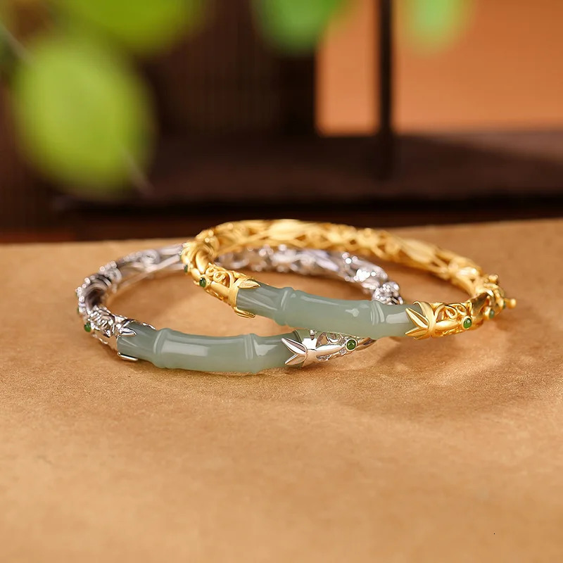 Fashion Goldplated Hetian Jade Compound Bracelet Beaded Beads Bamboo Bangle Bracelet for Women Girls Jewelry Gifts 240601