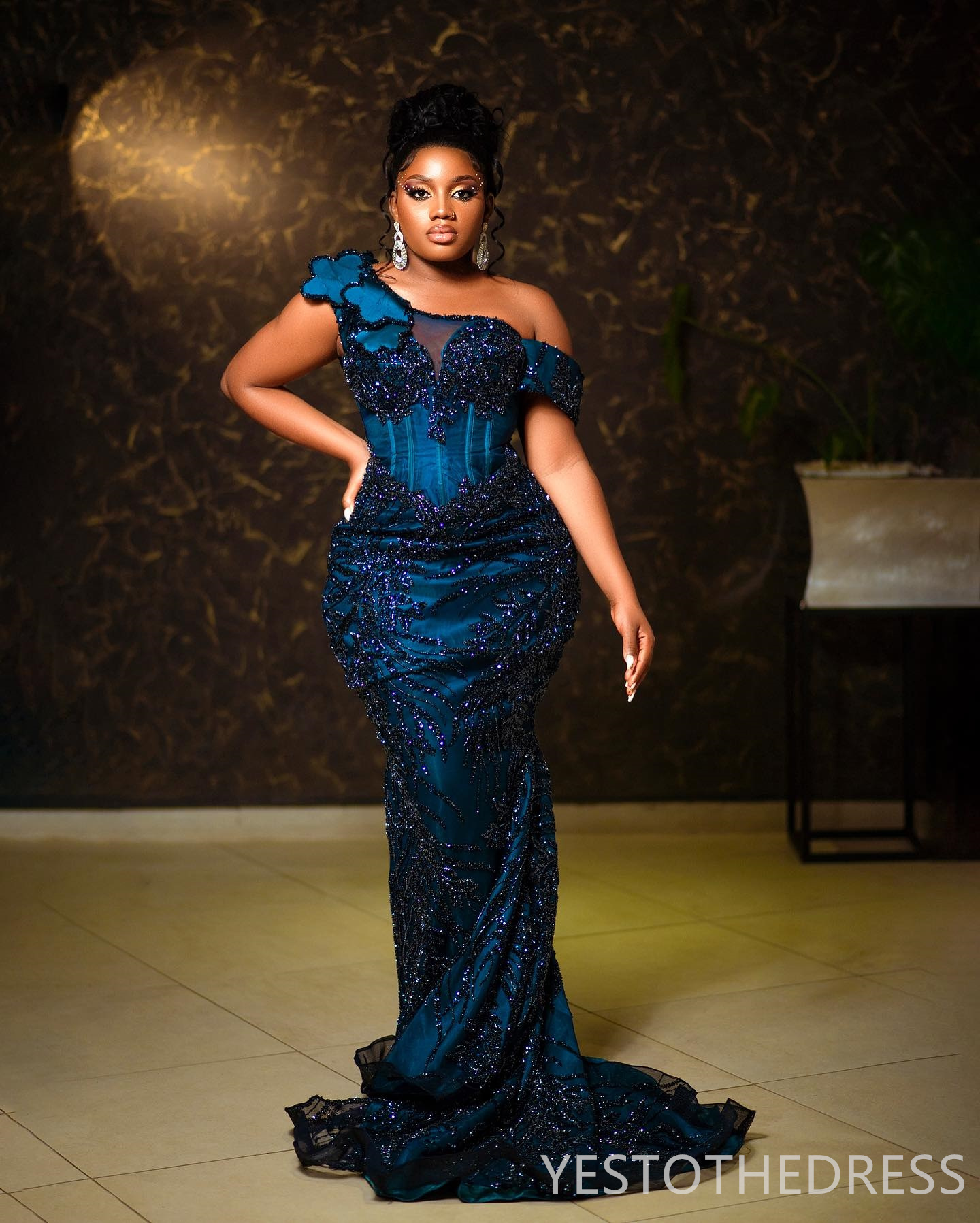 2024 Aso Ebi Prom Dress Navy Blue Mermaid Promdress One Shoulder Evening Formal Gowns Appliqued Beaded Lace Vestido De Sorrie Second Reception Gala Go