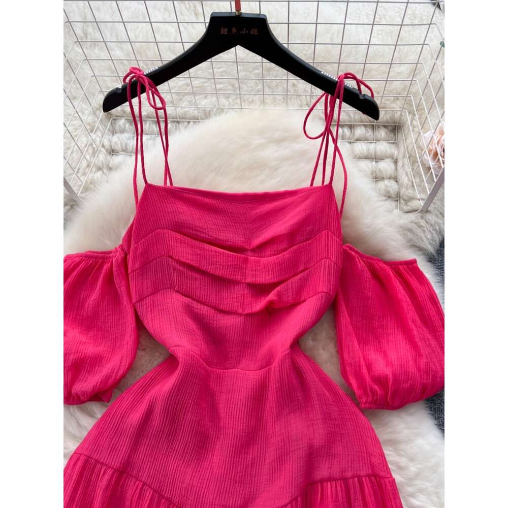 Beach resort style camisole dress for womens summer off shoulder bubble sleeves with slit design for a unique and beautiful beach skirt