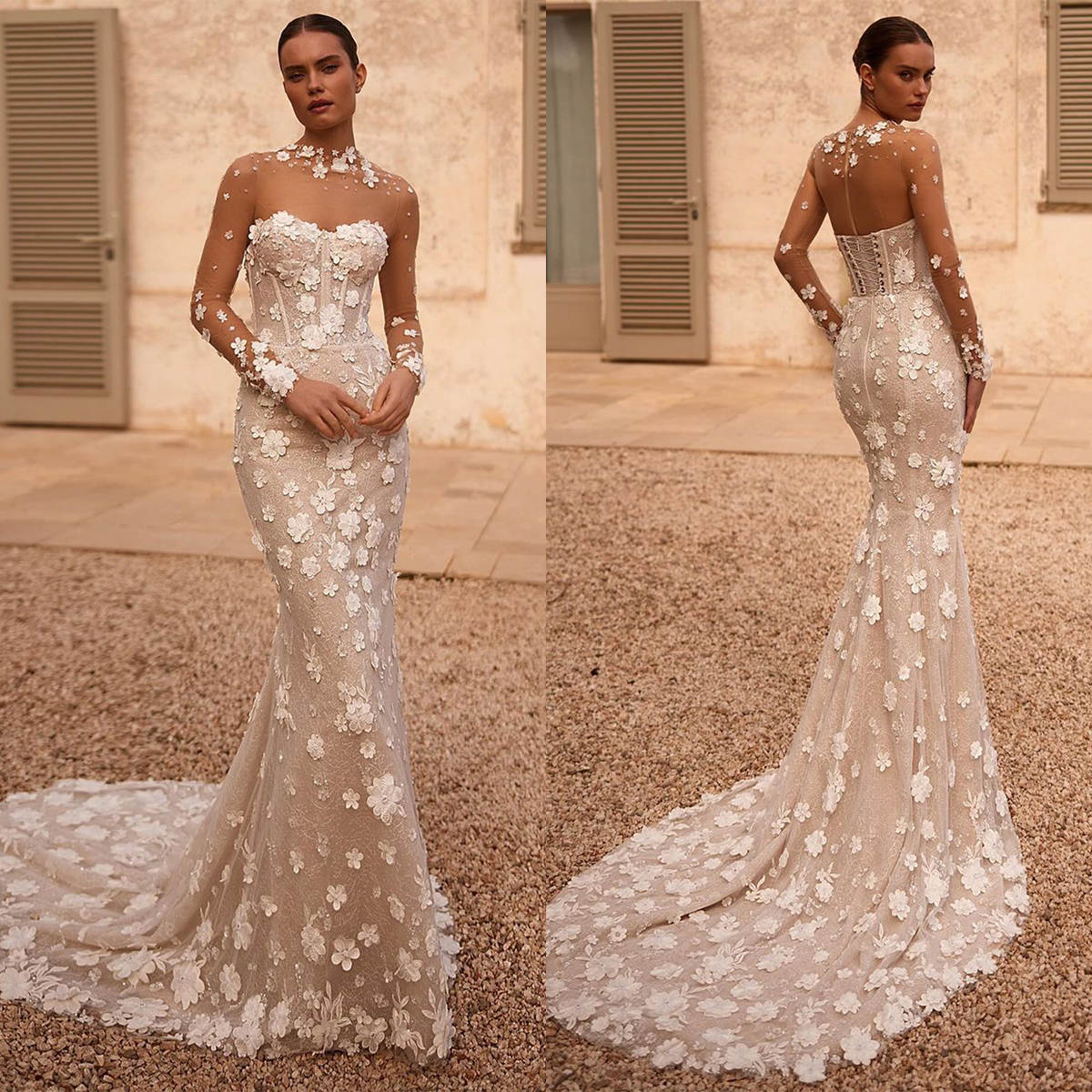 Fancy Mermaid Wedding Dresses 3D Floral Flower Bridal Gowns Strapless Lace Up Sweep Train Slim Custom Made Vestido de novia