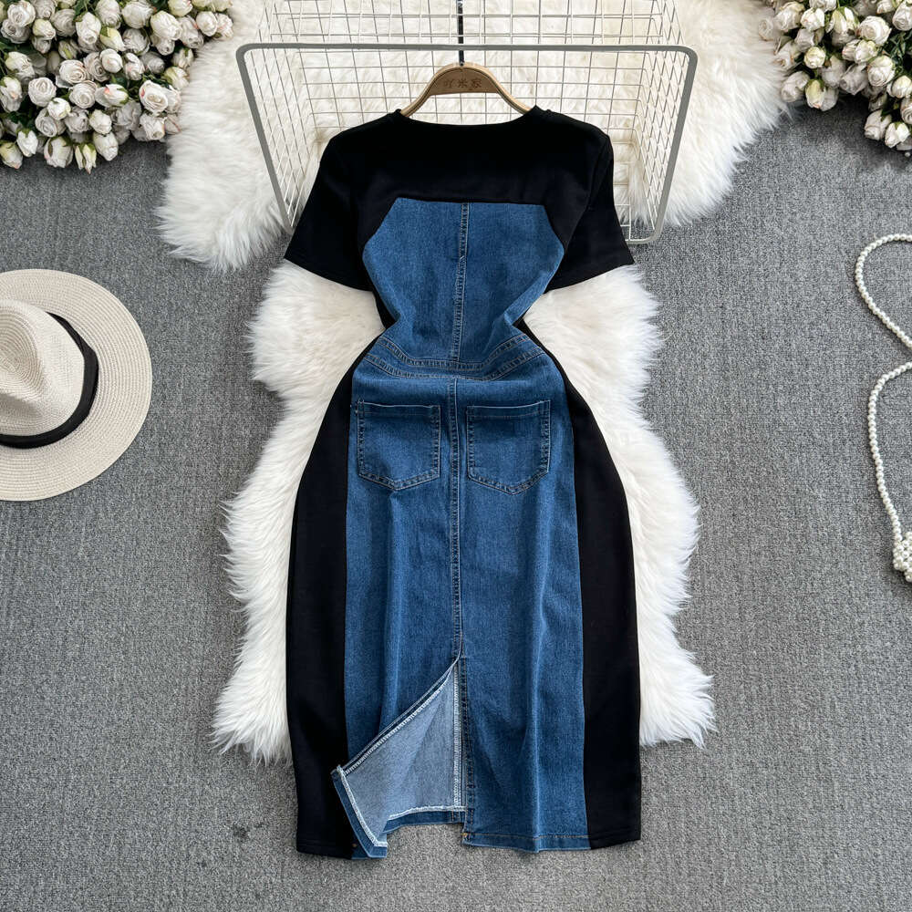 Summer Korean Fashion Fake Two piece Short sleeved Round Neck Waist Slimming Mid length A-line Spliced Denim Dress for Women