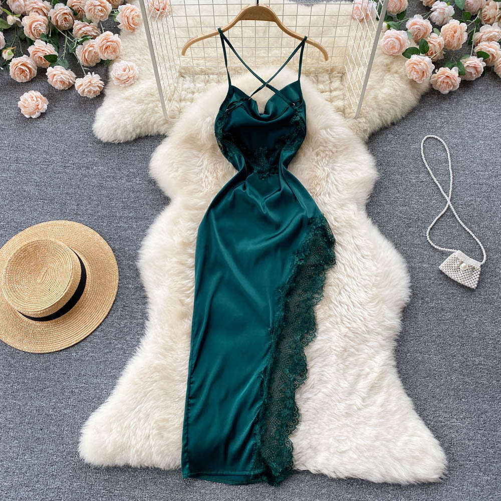 Satin Lace split hollow out suspender irregular dress female French Strapless celebrity sexy long skirt fashion