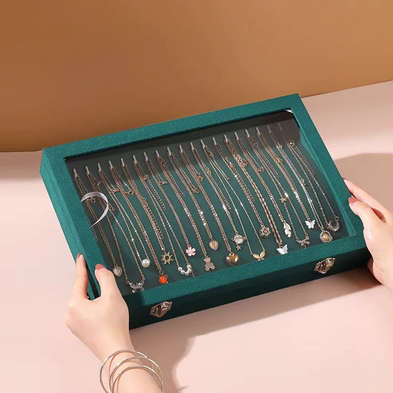 Ice Velvet 20 Hooks Jewelry Showcase for Necklaces Jewelry Box Stackable Glass Top Lockable 240528
