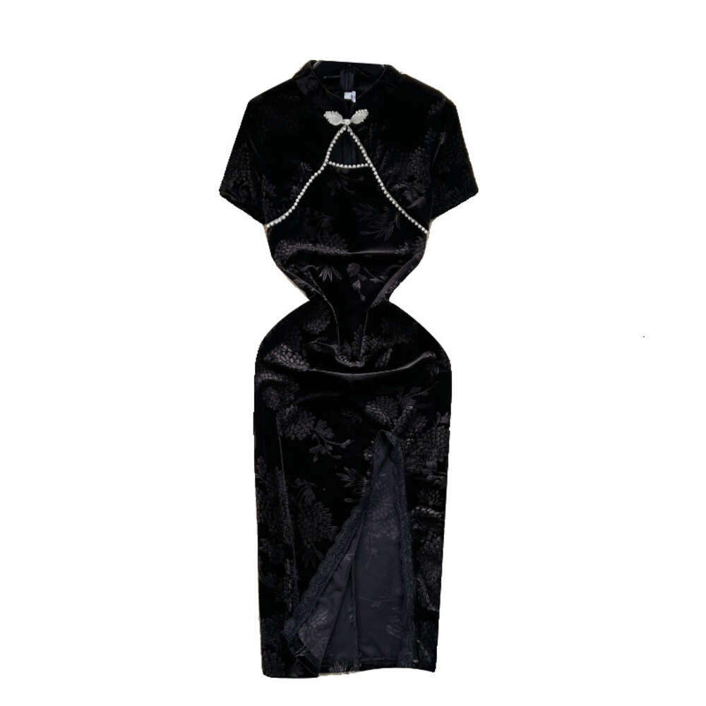Improved Chinese style velvet embossed slit dress for womens mid length slim fitting beaded standing neck qipao