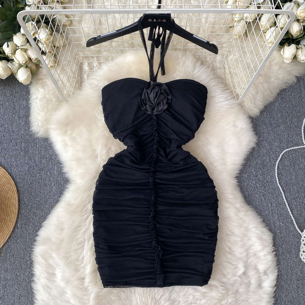 Temperament Goddess Style Sexy Pure Desire 3D Flower Bra with Neck Fold Slim Fit Wrap Hip Mesh Spicy Girl Dress