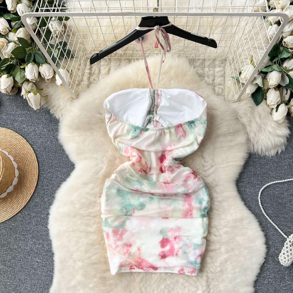 Pure Desire Wind 2024 New Dresses for Sweet and Spicy Girls with an Atmosphere Feeling Bra Neck Hanging Hip Wrapping and Mesh Vacation Dress