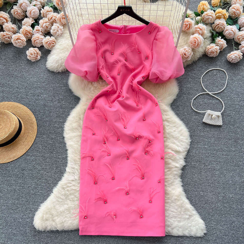 French haute couture heavy work nail diamond feather tassel round neck dress for women to show slimming temperament bubble sleeve dress long skirt