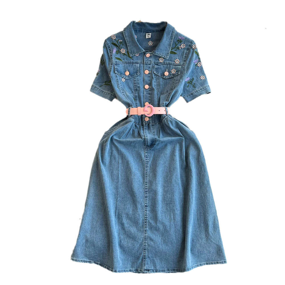 Fashionable socialite temperament embroidered short sleeved lapel with waistband for slimming effect medium length A-line denim shirt dress