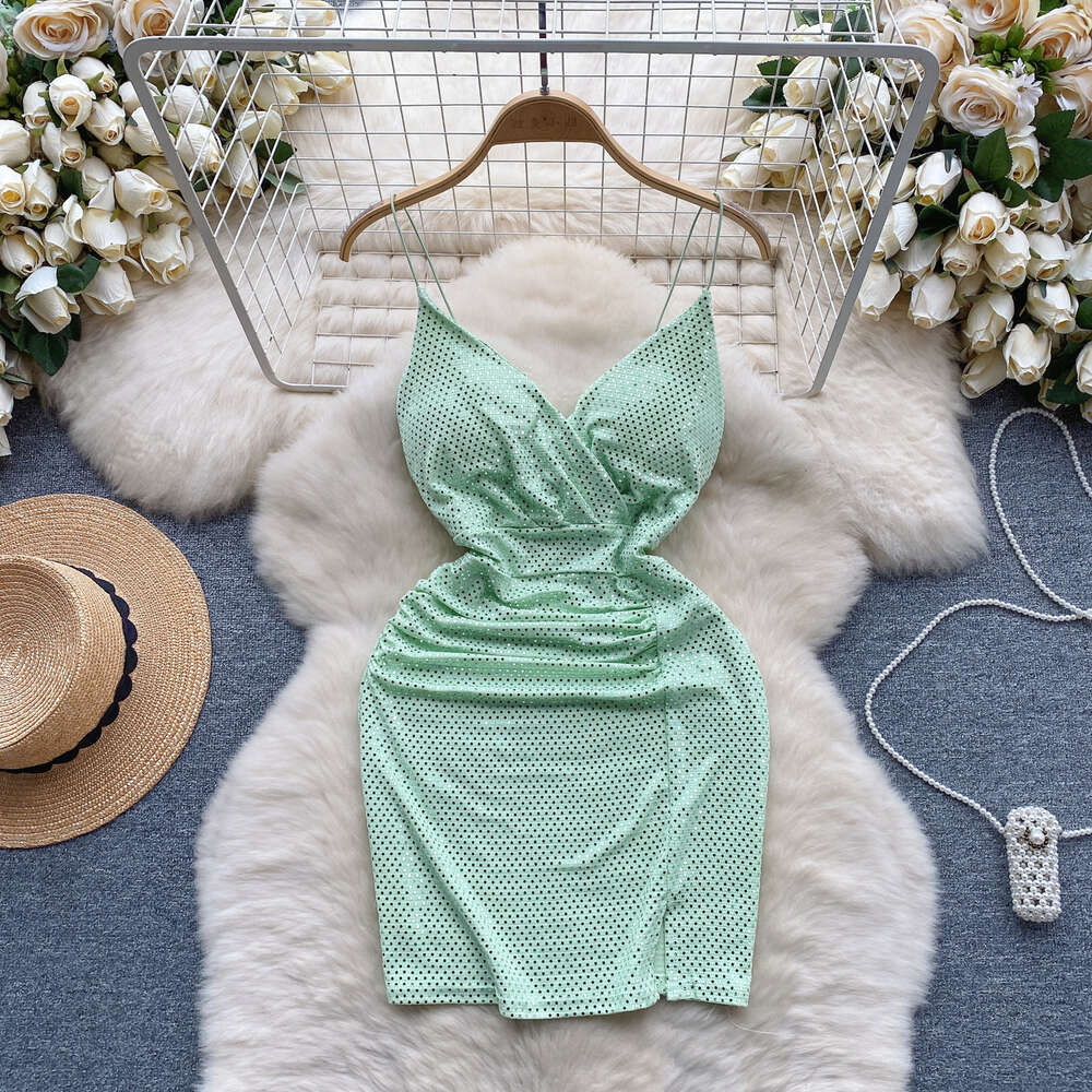 Nightclub womens clothing with scheming pleats slim waist sexy backless V-neck suspender dress light luxury sequin bottom skirt