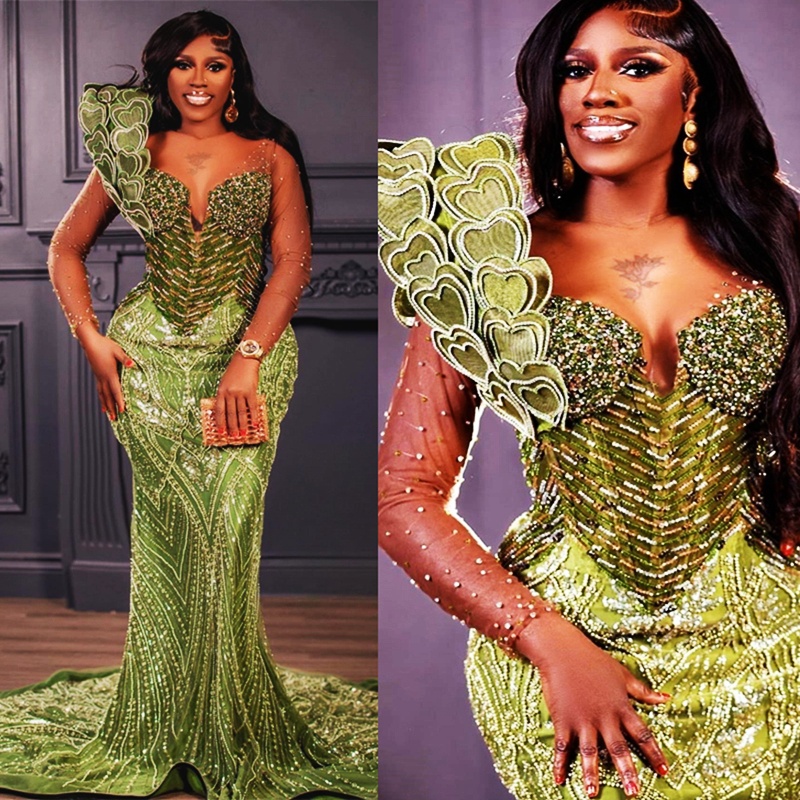 2024 Aso Ebi Prom Dresses Green Mermaid Promdress Illusion Evening Formal Gown Sheer Neck Long Sleeves Beaded Lace Birthday Second Reception Gowns Gal