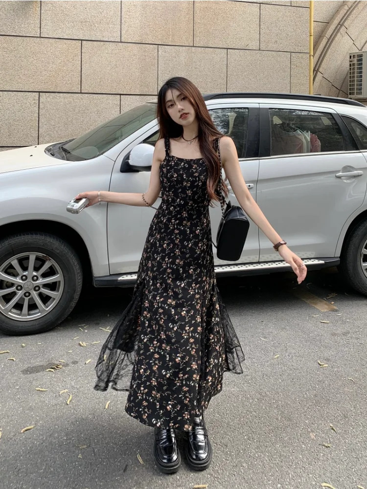 Deeptown Y2k Vintage Black Mesh Dress Women Korean Reviews Many Dresses Fairy Floral Summer One Piece Midi Slip Chiffon Vestidos 240601